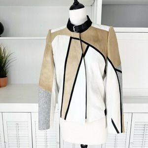 NWT Helmut Lang Women Colorblock Calf Fur Leather Wool Moto Jacket XS/S